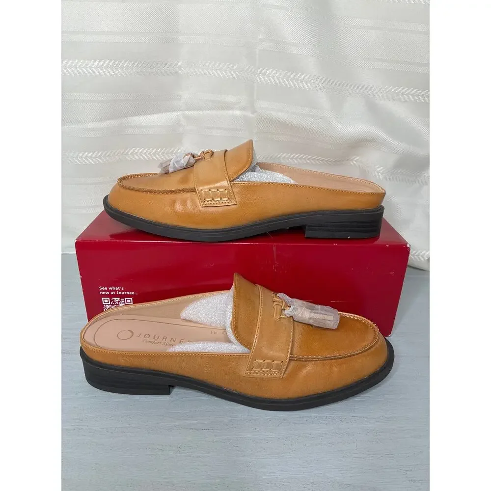 Journee Collection Azura Tassel Mule Loafer Tan Round Toe Size 7M